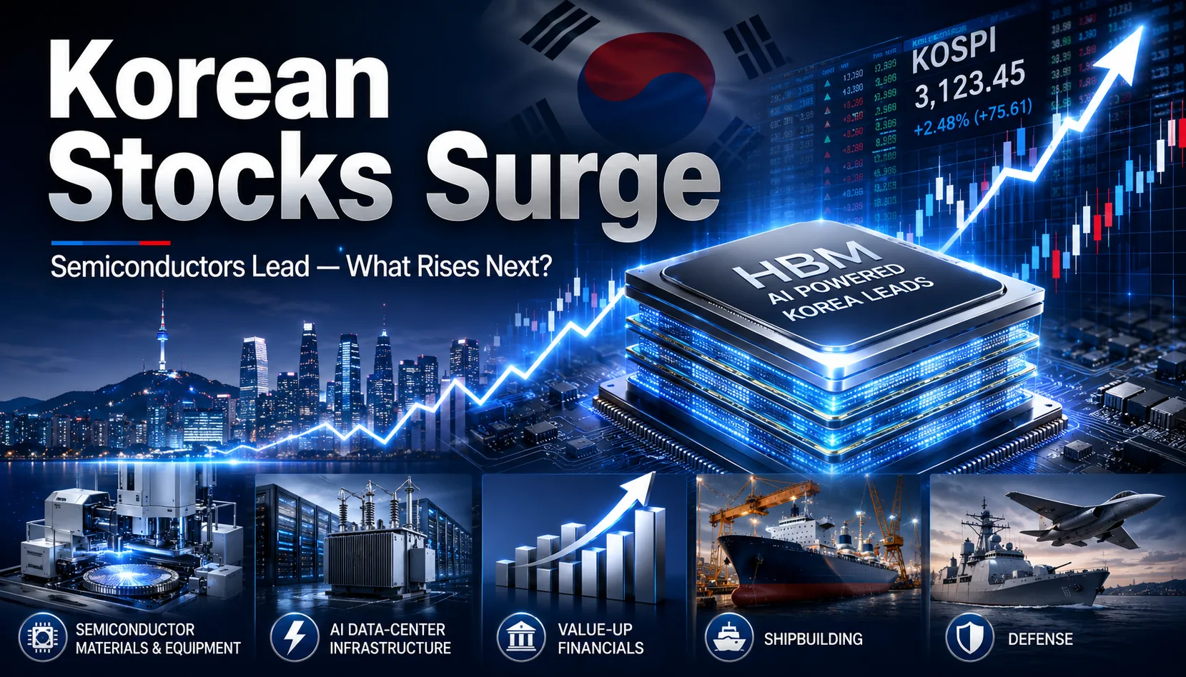 Korean stock market electronic board showing semiconductor sector tickers in Seoul